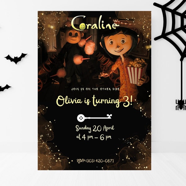 Editable Printable Coraline and Wybie Birthday Invitation 5x7, Digital Card for Print, Birthday Invitation, Coraline Printable Template