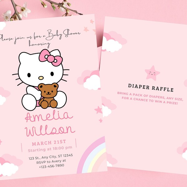 Editable Kitty Baby Shower Invitation, Digital Baby Shower Template, Pink Baby Shower Party, Cute Girl Baby Shower Invitation, Diaper Raffle