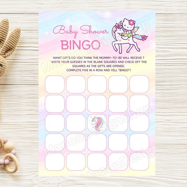 Baby Bingo, Kitty Unicorn Pink Bingo Page, Baby Girl Shower Bingo Game, Baby Shower Party Games, Baby Gift Bingo, Pink Baby Shower