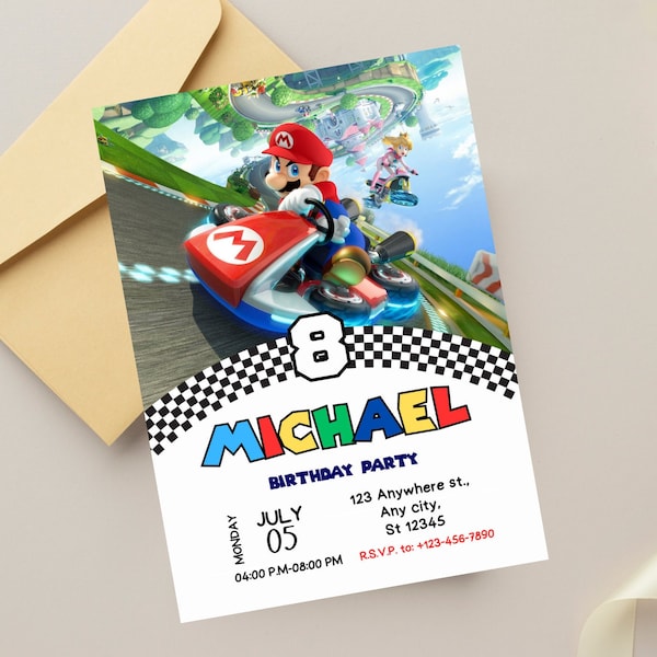 Mario Kart Birthday Invitation, Super Birthday Mario Invite, Digital Party Invite, Digital Birthday Template, Mario Party, Racing Cars Boys