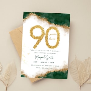 90th Birthday Invitation, 90th Birthday Party, Elegant 90th Invitation, Digital 90th Invite, Green and Gold Invitation, Glitter Invitation