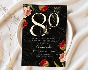 Editable 80th Birthday Invitation, ANY AGE Birthday Invite, Elegant 80th Invitation, Digital 80th Invite, Floral 80th, 90th Birthday Invite