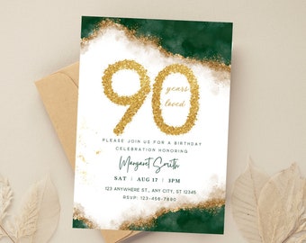 90th Birthday Invitation, 90th Birthday Party, Elegant 90th Invitation, Digital 90th Invite, Green and Gold Invitation, Glitter Invitation
