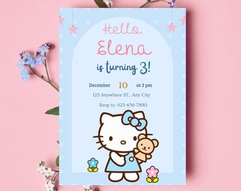 Kitty Birthday Invitation, Editable Digital Kitty Birthday Template, Cute Blue Birthday Theme, Kitty Invitation, Blue Baby Shower invitation