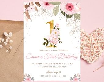Pink Floral First Birthday Invitation, Gold 1st Birthday Invite, Blush Pink Floral Baby First Birthday Invite, Girl 1st Birthday Invite