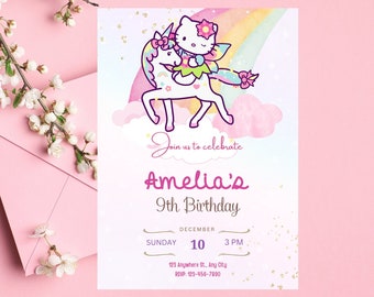 Editable Kitty Birthday Invitation, Kitty Digital Birthday Template, Unicorn Birthday Invite, Cute Pink Birthday Theme, Kitty Invitation