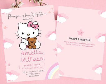 Editable Kitty Baby Shower Invitation, Digital Baby Shower Template, Pink Baby Shower Party, Cute Girl Baby Shower Invitation, Diaper Raffle