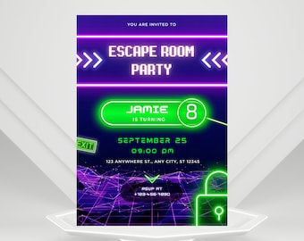 Escape Room Birthday Invitation, Editable Digital Neon Invite, Kids party, Detective Party, Kids Teens Birthday Party, Escape Room Party