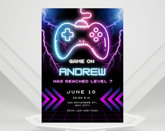 Video Game Birthday Invitation, Editable Arcade Birthday Invitation, Digital Gamer Birthday Invitation, Gaming Party, Purple Blue Neon Glow