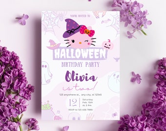 Editable Kitty Halloween Birthday Invitation, Kitty Digital Birthday Template, Halloween Birthday Invitation, Halloween Invitation for Girls