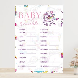Babyparty Wörter Buchstaben, Einhorn Regenbogen Babyspiele, Wortpuzzle, rosa Babyparty, Babyparty, Babyparty
