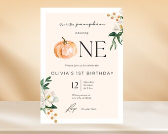 Editable Little Pumpkin First Birthday Invitation, Pumpkin Birthday Invite, Pumpkin Party, Fall Leaves 1st Birthday, Minimalist Invitation