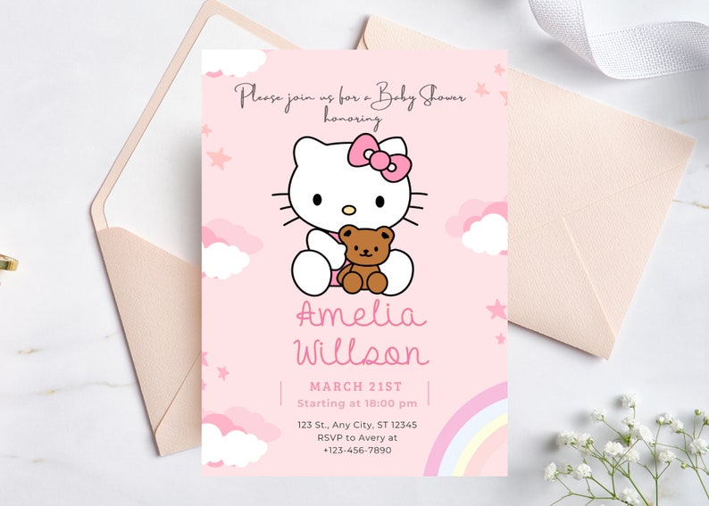 Editable Kitty Baby Shower Invitation, Digital Baby Shower Template, Pink Baby Shower Party, Cute Girl Baby Shower Invitation, Diaper Raffle image 3