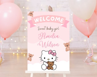 Editable Kitty Baby Shower Welcome Sign, Bear Baby Shower, Digital Pink Baby Shower Poster, Baby Shower Invitation, Baby Girl Shower Party