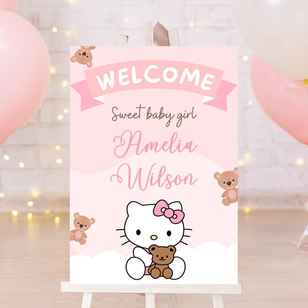 Editable Kitty Baby Shower Welcome Sign, Bear Baby Shower, Digital Pink Baby Shower Poster, Baby Shower Invitation, Baby Girl Shower Party