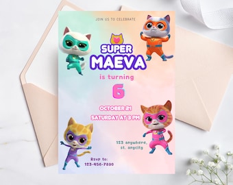 Super Kitties Birthday Invitation, Editable Digital Super Kitties Birthday Template, Super Kitties Party, Kids Birthday Template, Kids Party