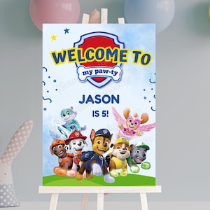 Letrero de bienvenida de cumpleaños editable para cachorros, póster de cumpleaños digital de alta calidad, decoración de cumpleaños para niños, póster de bienvenida para fiesta infantil, perros, fiesta