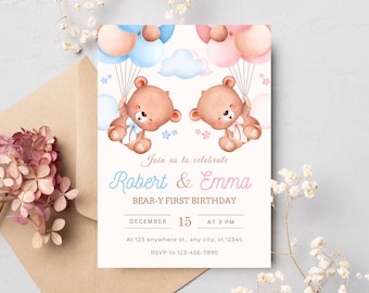 Editable Twins First Birthday Invitation, Digital Teddy Bear Invite, Boy and Girl 1st Birthday, Toddler Twins Birthday Invitation, Blue Pink