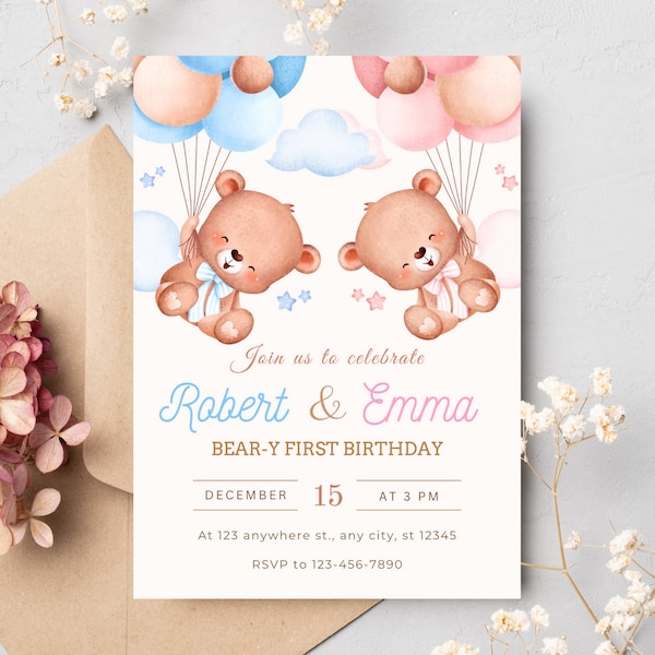 Editable Twins First Birthday Invitation, Digital Teddy Bear Invite, Boy and Girl 1st Birthday, Toddler Twins Birthday Invitation, Blue Pink
