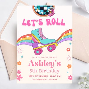 Editable Roller Skating Birthday Party Invitation, Roller Disco Invite, Skates Party, Disco Party, Rainbow Birthday Digital Template