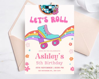 Editable Roller Skating Birthday Party Invitation, Roller Disco Invite, Skates Party, Disco Party, Rainbow Birthday Digital Template