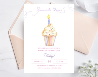 Cupcake First Birthday Party Invitation, Sweet One Girl First Birthday Party Invite, Pink Cupcake Birthday Invitation, Girl 1st Birthday