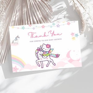 Babyparty Danke Karte, digitale Karte, Rosa Einhorn Baby Shower, niedliches Regenbogen Einhorn Wolken Baby Mädchen, Baby Shower Party, Dankeschön