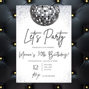 Disco Party Invitation, Digital Disco Ball Invitation, Disco Bachelorette Invitation, Silver Invitation, 21st, 30th Birthday Invitation