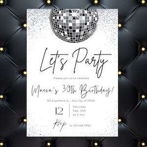 Disco Party Invitation, Digital Disco Ball Invitation, Disco Bachelorette Invitation, Silver Invitation, 21st, 30th Birthday Invitation