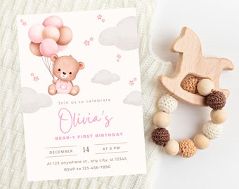 Beary First Birthday Invitation, Digital Baby Invite, Girl 1st Birthday, Teddy Bear Birthday Invitation, Baby Girl First Birthday Invite