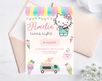 Editable Kitty Birthday Invitation, Kitty Digital Birthday Template, Ice Cream Birthday Invite, Cute Pink Birthday Theme, Kitty Ice Cream