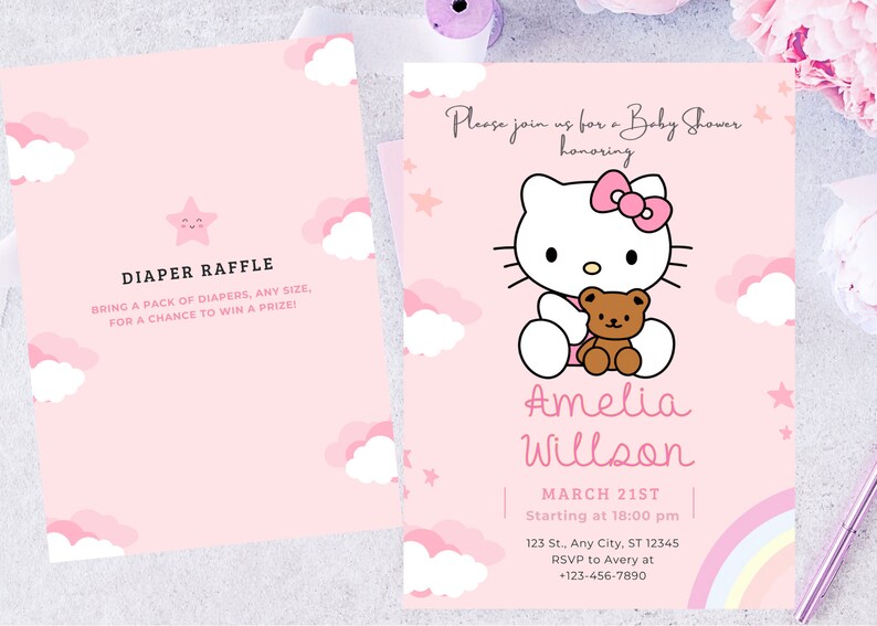 Editable Kitty Baby Shower Invitation, Digital Baby Shower Template, Pink Baby Shower Party, Cute Girl Baby Shower Invitation, Diaper Raffle 画像 2