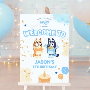 Letrero de bienvenida de cumpleaños de perro azul editable, póster de cumpleaños de perro azul, decoración de cumpleaños para niños, póster de bienvenida a fiesta de perro azul
