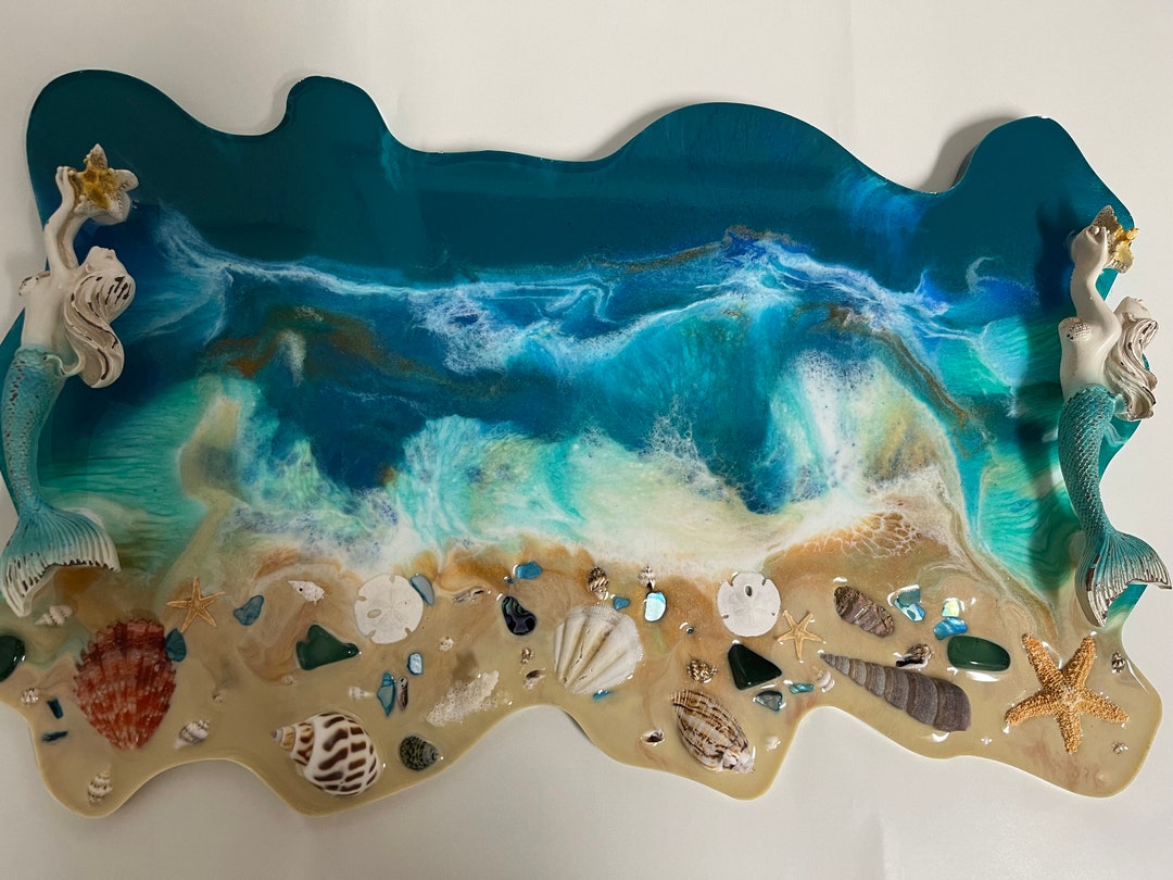 Resin Ocean Tray: Coastal Decor With Mermaid Handles & Seashells - Etsy