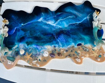 Mermaid Art Decor, Beach Art, Resin Mermaid Tray, Ocean Art, Coastal Decor, Resin Trays, Seashells Art