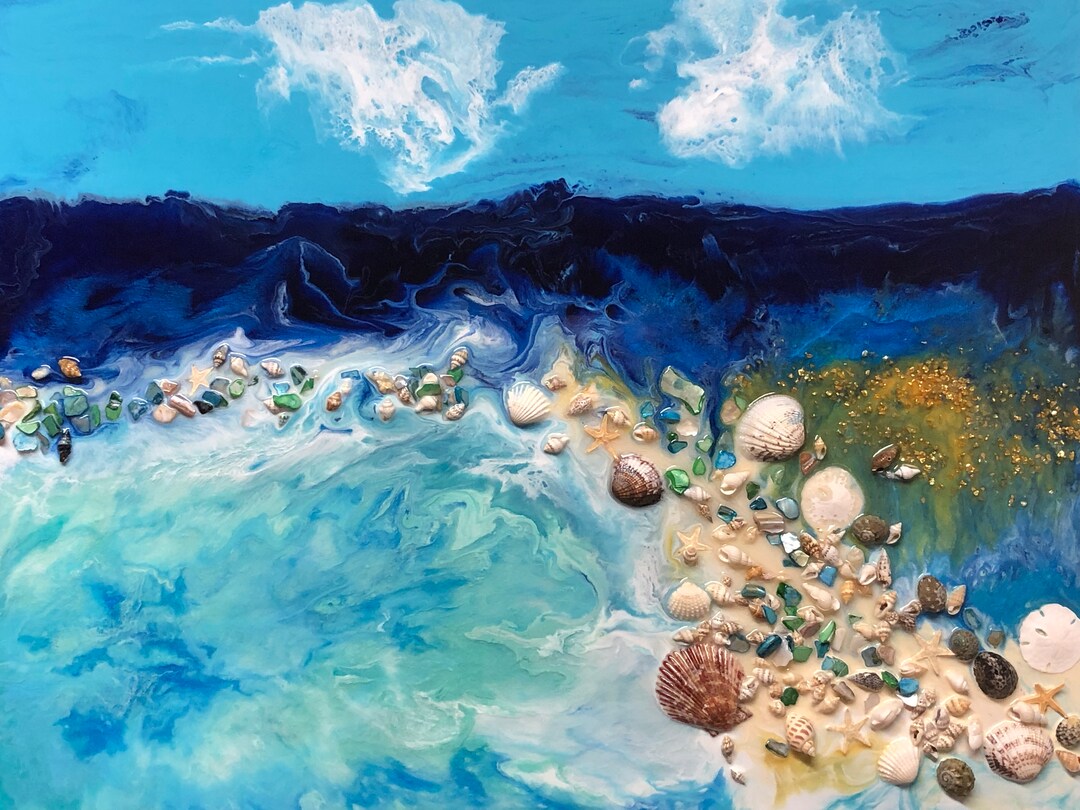 Shell Beach Art, Ocean Resin Art, Coastal Wall Decor, Resin Art Etsy