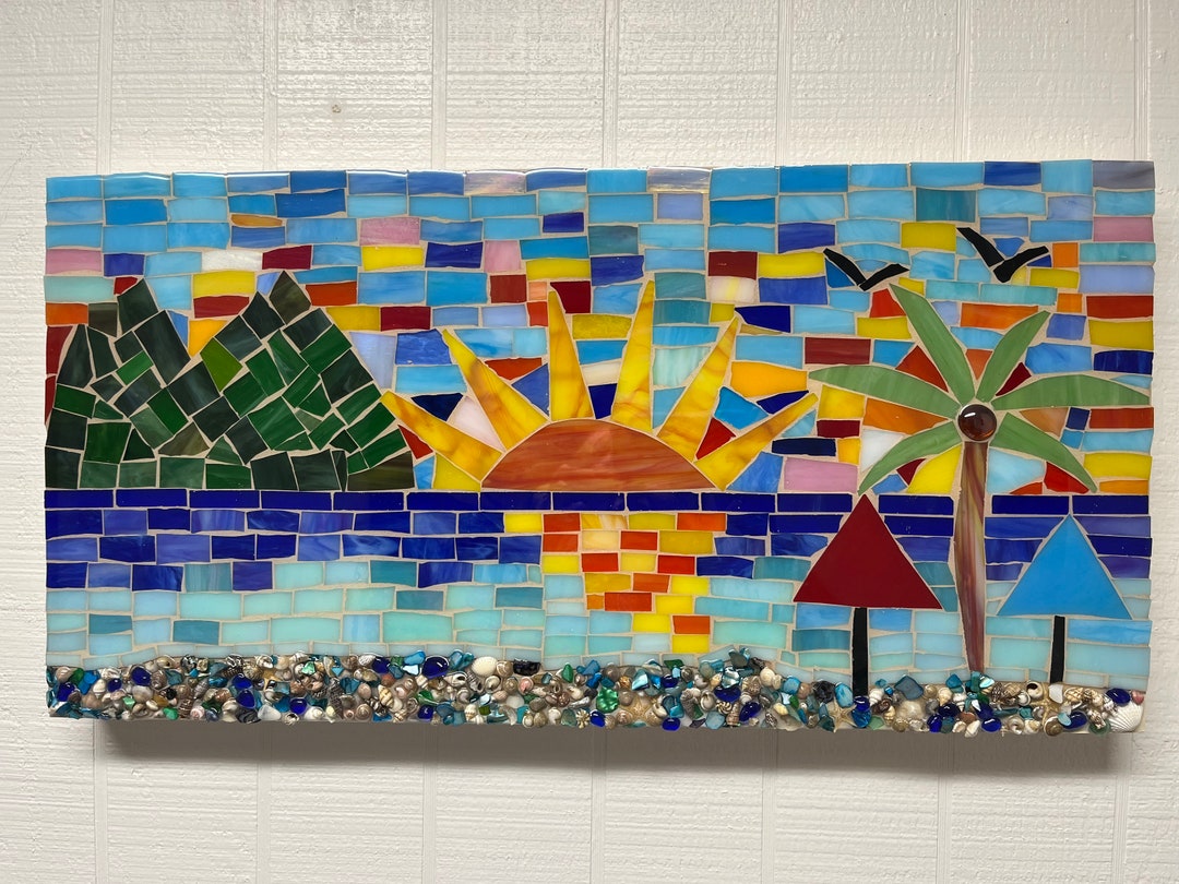 Ocean Mosaic Art, Sunset Mosaic Decor, Beach Mosaic Art, Stained Glass