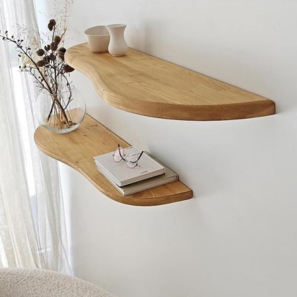 Wood Shelves Shelf Floating Wood Wall Set of 2, Oak Shelf, Floating Wooden Shelves, Wood Shelf Shelves with Solid Steel-Coated