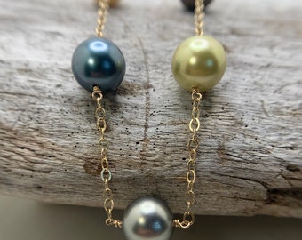 Tin Cup Necklace, Pearl Necklace, Multi Pearl Necklace, Gray Pearl Necklace, Golden Pearl Necklace, Statement Necklace