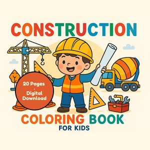 Puede incluir: Ilustración colorida para un libro para colorear infantil con la palabra "CONSTRUCTION" en rojo y verde. Un trabajador de la construcción de dibujos animados sostiene un plano y está cerca de una hormigonera y una caja de herramientas. El libro se titula "COLORING BOOK FOR KIDS".