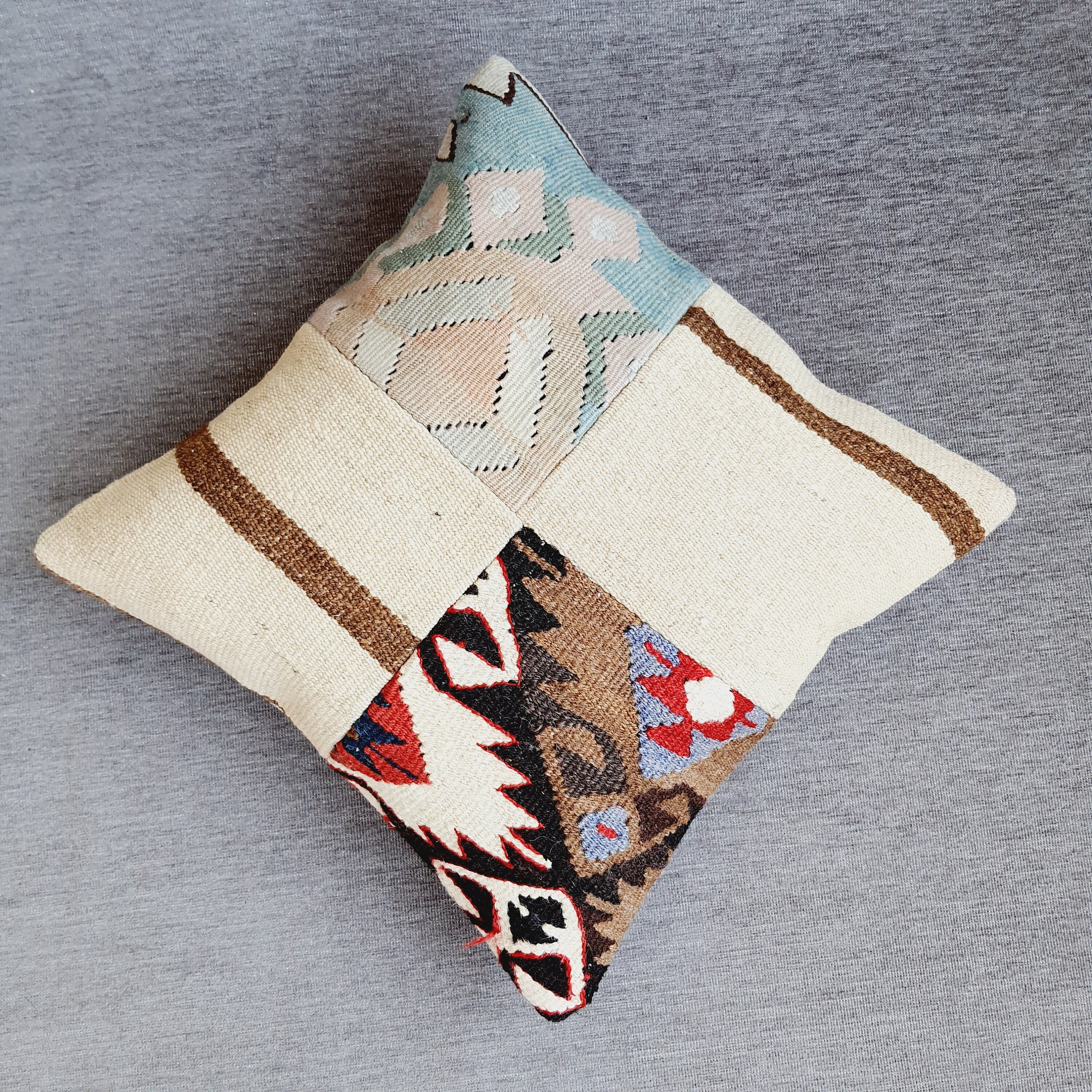 ヴィンテージキリムパッチワーク枕カバー：トルコ風クッション、16x16