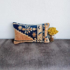 Vintage Turkish Rug Lumbar Pillow Cover: Brown & Blue (12x20)