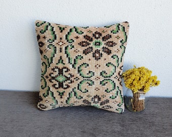 Vintage Turkish Rug Pillow Cover: Green Brown Eclectic Cushion (16x16 inches)