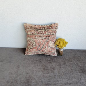 Handmade Turkish Rug Pillow Cover: Beige Pink Nomadic Cushion (16x16)