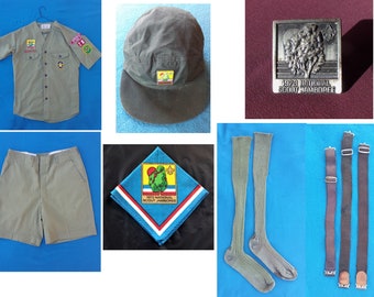 Vintage Boy Scout Uniform at 1973 National Scout Jamboree – Hat, Neckerchief and Slide, two Shirts with patches, Shorts, Socks with Garters