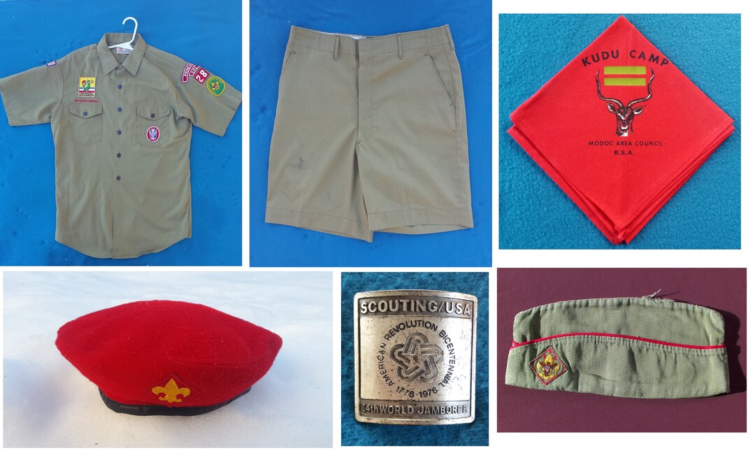 Vintage Boy Scout Uniform Hat and Beret, Neckerchief and Slide, Shirt