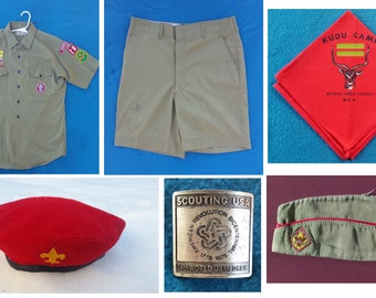 Vintage Boy Scout Uniform; Hat and Beret, Neckerchief and Slide, Shirt with 7 patches, and Shorts