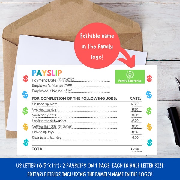 Editable Payslip for Kids, Printable Kids Paycheck, Reward Payslip, Earn Money, Kids Pay Check, Kids Reward Chart, Chore Chart PDF + PPTX