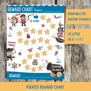 Cuadro de recompensas de piratas para niños, cuadro de calcomanías imprimibles para niños pequeños, cuadro de comportamiento, cuadro de incentivos, cuadro para ir al baño, rastreador de objetivos para niños, carta de EE. UU.