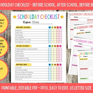 Kids Schoolday Checklist, Editable School Schedule, Printable Kids Chore Chart, Daily Checklist, Daily Routine Chart, Before School List PDF